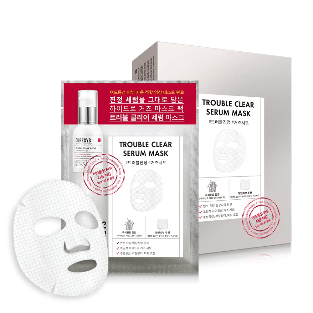 Curesys Trouble Clear Serum Mask - 10 Pack For Moisturizing, Soothing & Sebum Control