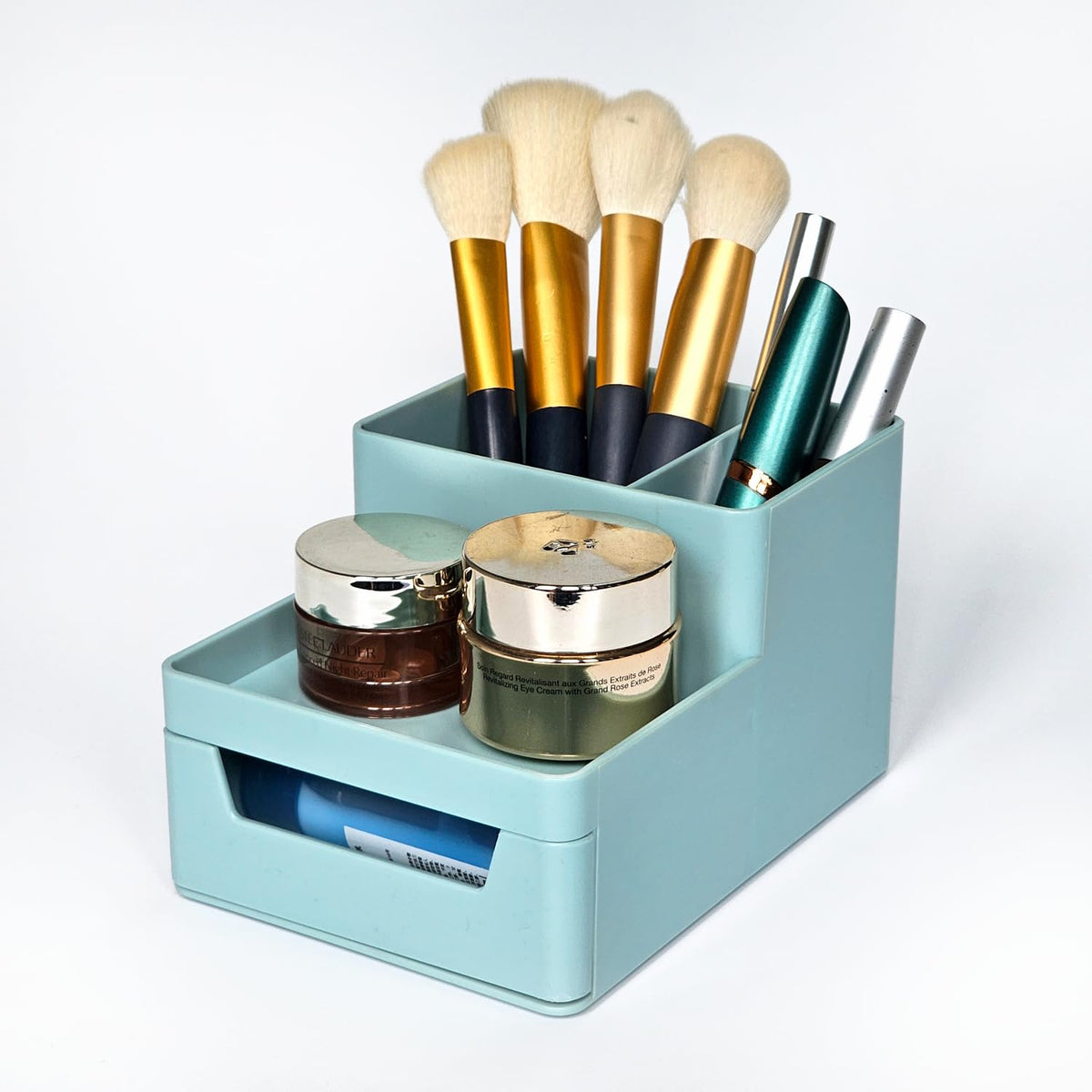 Tidyladyo Small Makeup Organizer - Blue Cosmetics Storage With Drawer For Brushes & Skincare