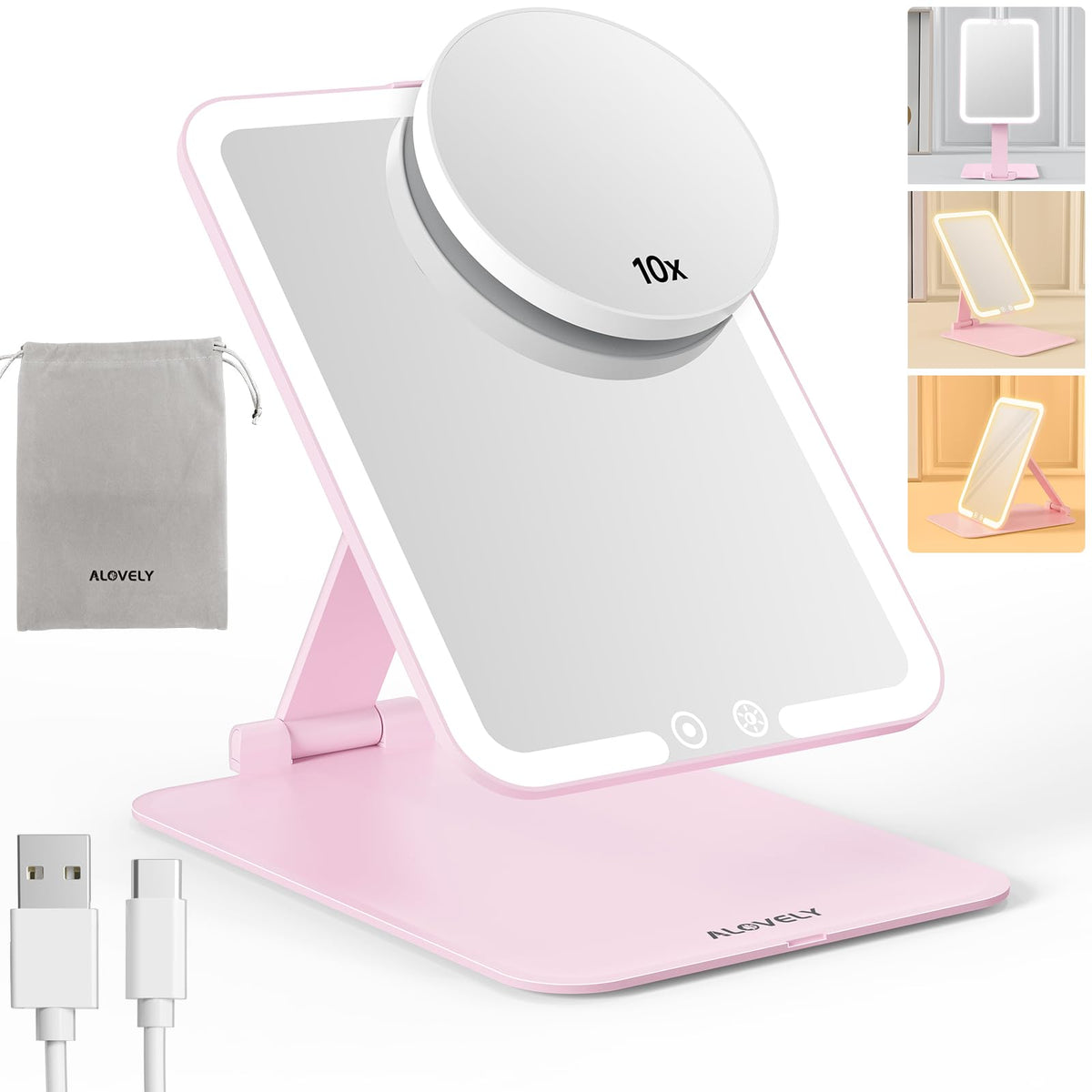 Alovely Travel Makeup Mirror With Lights, Rechargeable Compact, Dimmable Touch Screen, Pink