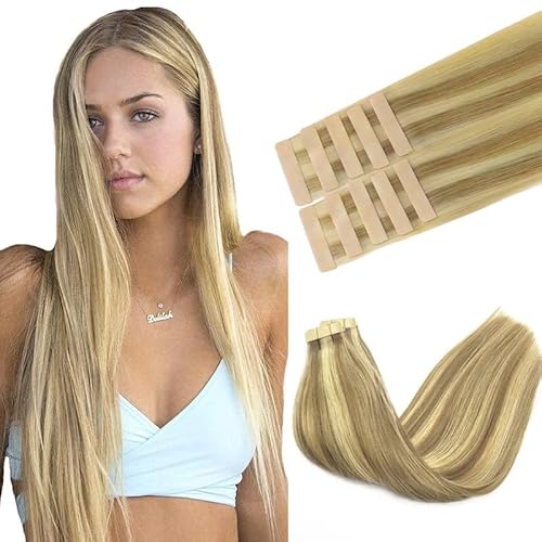 GOO GOO 18&quot; Tape in Hair Extensions Human Hair, Light Blonde Highlights, 10pcs, Thick Ends