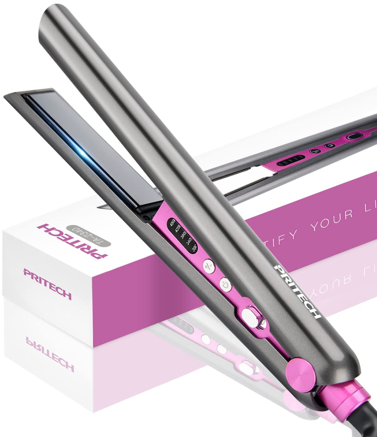 PRITECH 450°F Hair Straightener & Curling Iron, Dual Voltage, Ceramic, Auto Shut Off, Gray