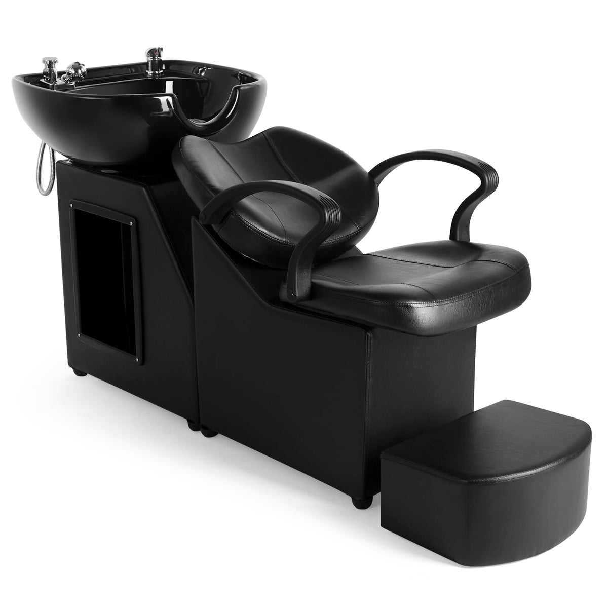 Artist Hand Black Ceramic Shampoo Bowl Sink With Chair & Foot Pedal For Salon Spa Equipment