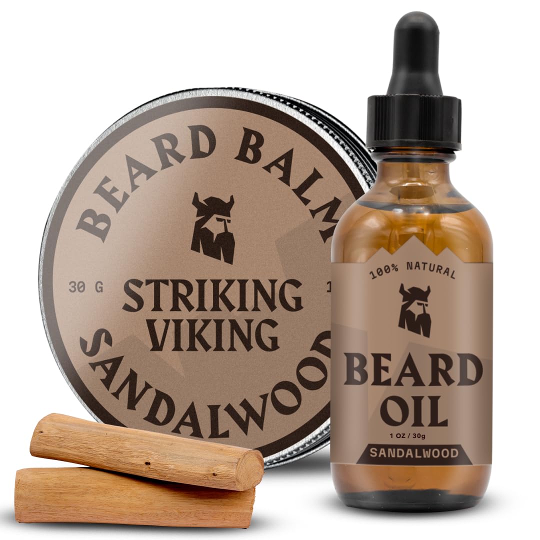 Striking Viking Beard Oil And Balm Kit - All-Natural Argan & Jojoba Oil, Sandalwood Scent