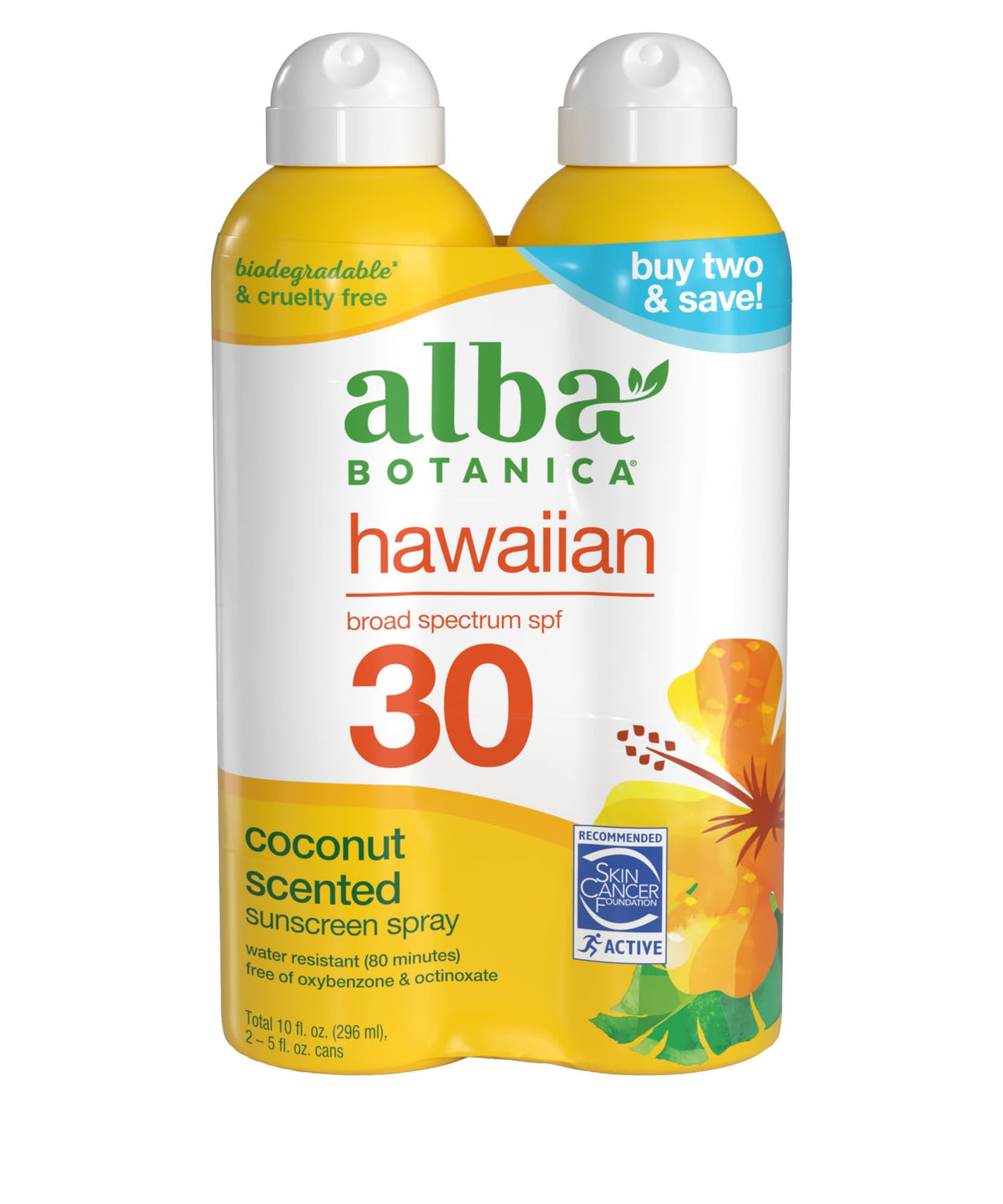 Alba Botanica Hawaiian Coconut Sunscreen Spray Spf 30, Biodegradable, 5 Fl Oz (Pack Of 2)