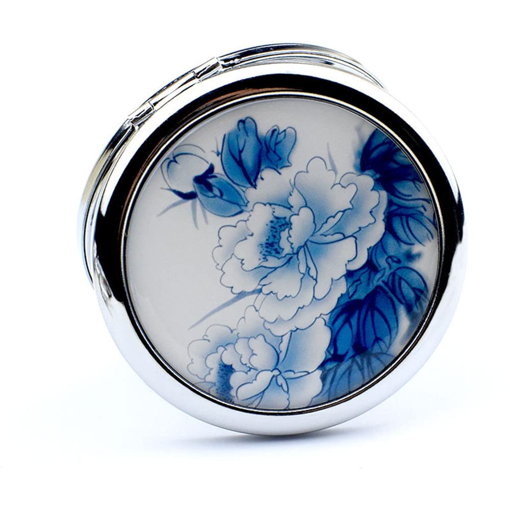 Mpowtech Celadon Blue Compact Mirror - 1X/2X Magnification, Flower Design, Portable Makeup Tool