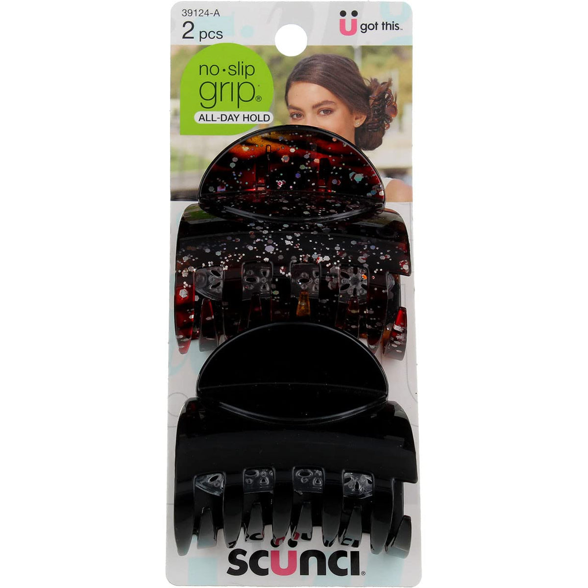 Scunci No Slip Grip Hair Clips, 2 Count - Black & Brown Plastic Hair Accessories