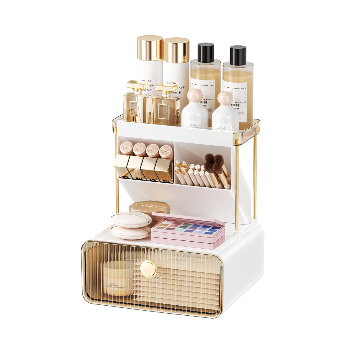 Anlynwooh Amber Makeup Organizer With Drawer, Small Cosmetic & Vanity Storage, Brush Holder