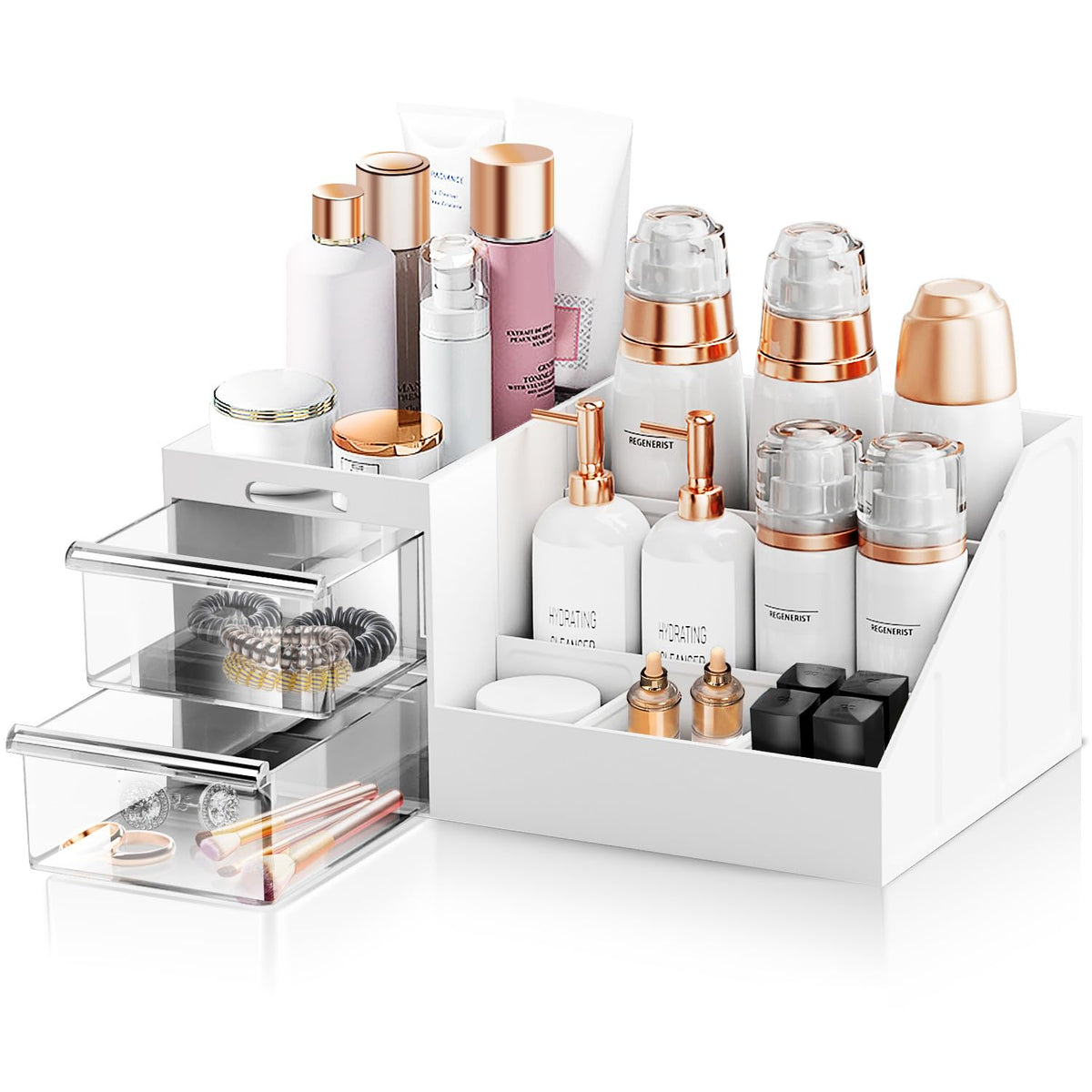 Lexvss Makeup Desk Organizer - White-Clear Cosmetic Storage Box With Drawers For Vanity & Bathroom