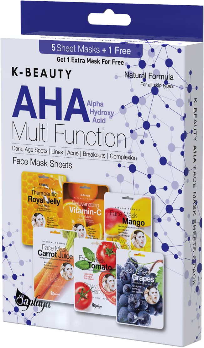 Saplaya K-Beauty Multi-Pack Face Sheet Masks - Aha Royal Jelly, Vitamin-C, 6 Count