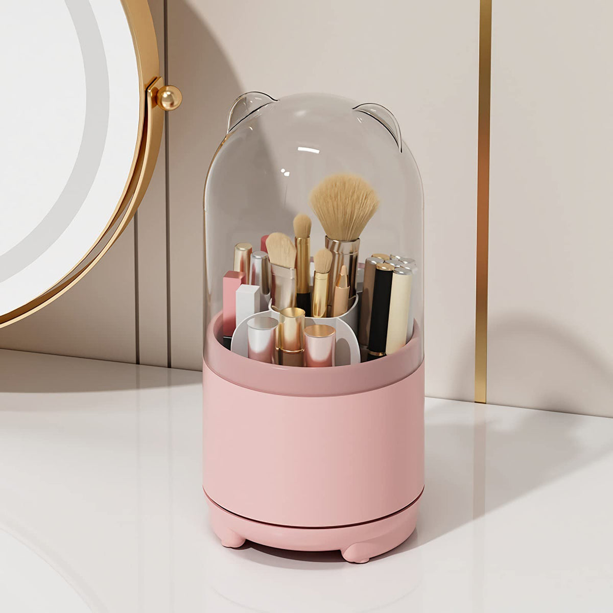 Ltytz Pink Rotating Makeup Brush Holder Organizer With Dustproof Clear Acrylic Lid