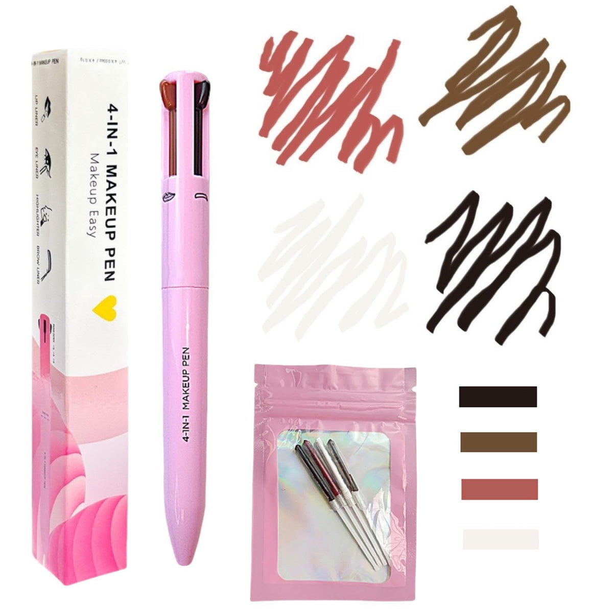 Mknzome 4-In-1 Makeup Pen - Eyebrow, Eye Liner, Lip Liner & Highlighter, Travel