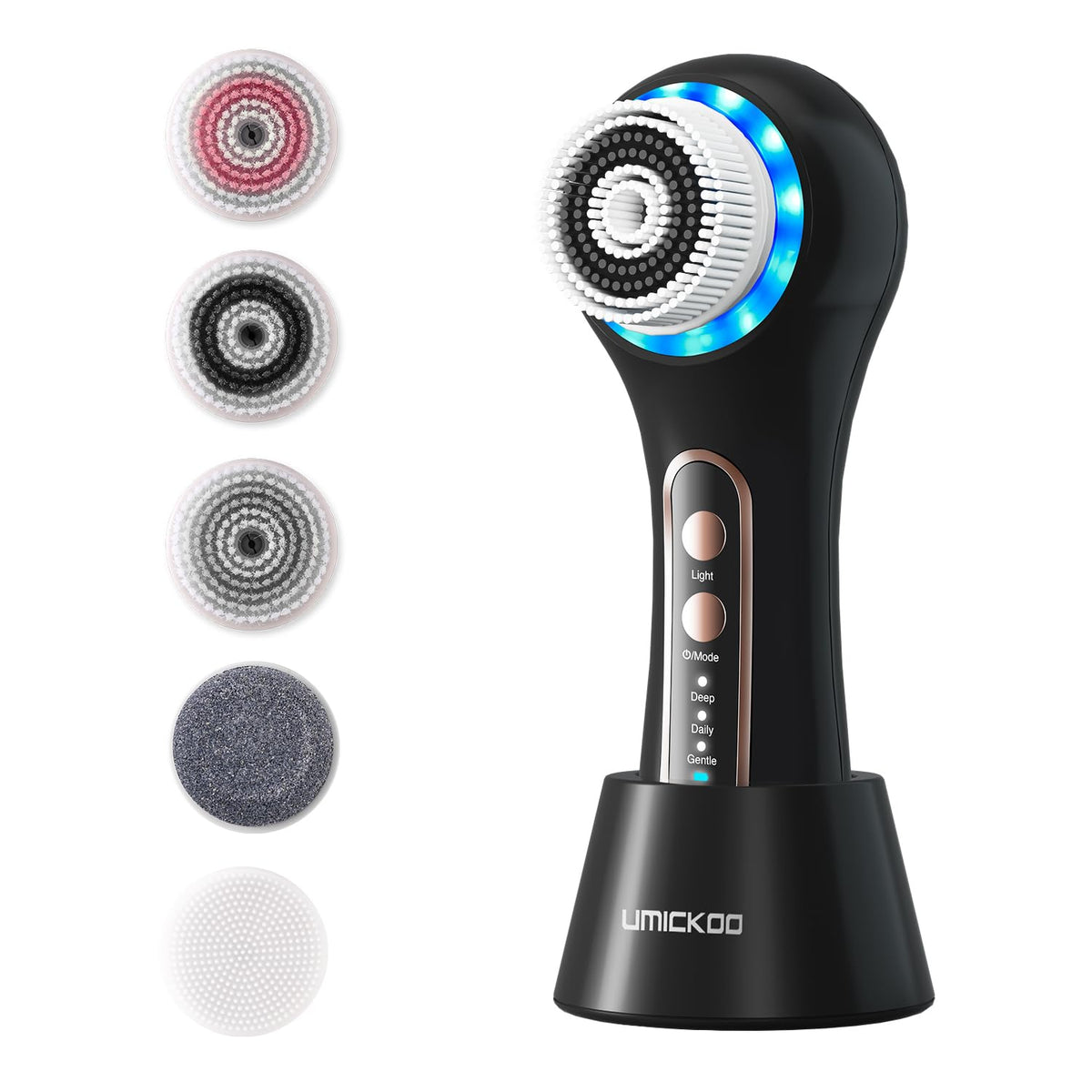 Umickoo Rechargeable Face Scrubber Exfoliator - Ipx7 Waterproof Brush With 5 Heads, Black+Gold