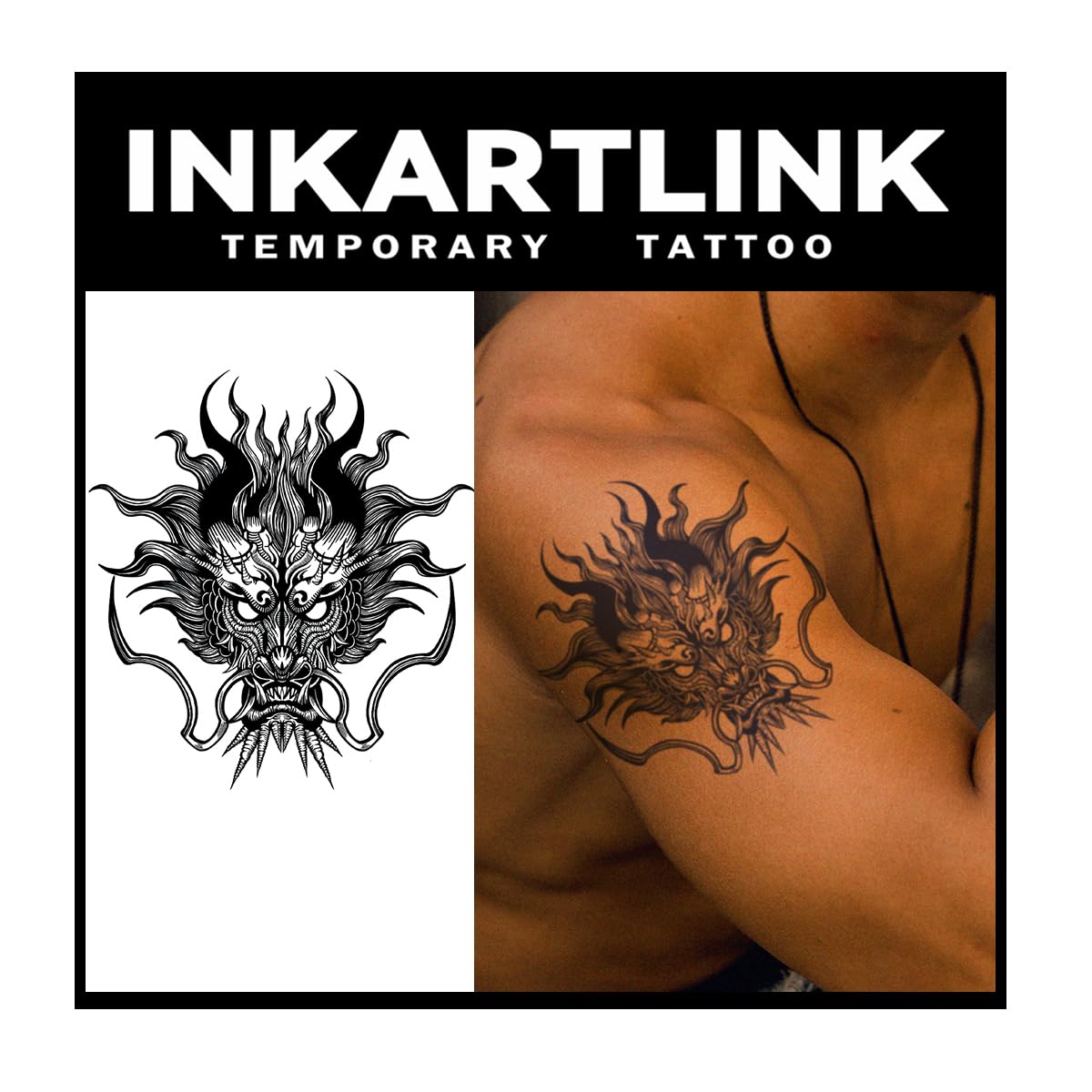 Inkartlink Extra-Large Dargon Head Temporary Tattoos - Waterproof, Realistic, Lasts 1-2 Weeks