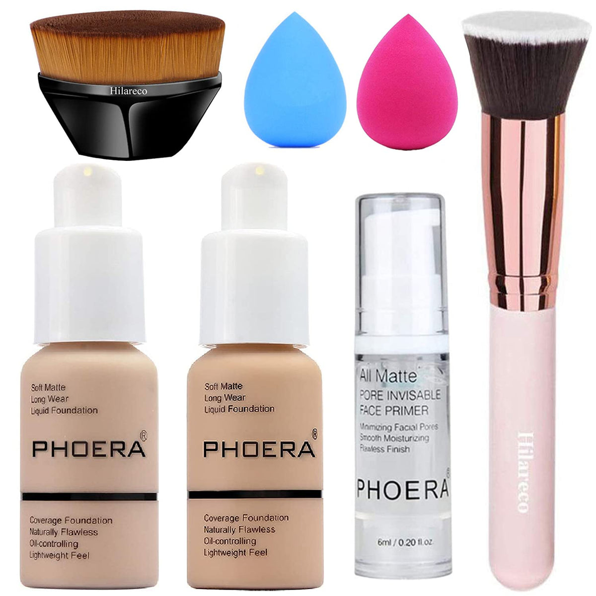 PHOERA Full Coverage Matte Liquid Foundation Set with Primer, Concealer & Kabuki Brushes, 6 Pack