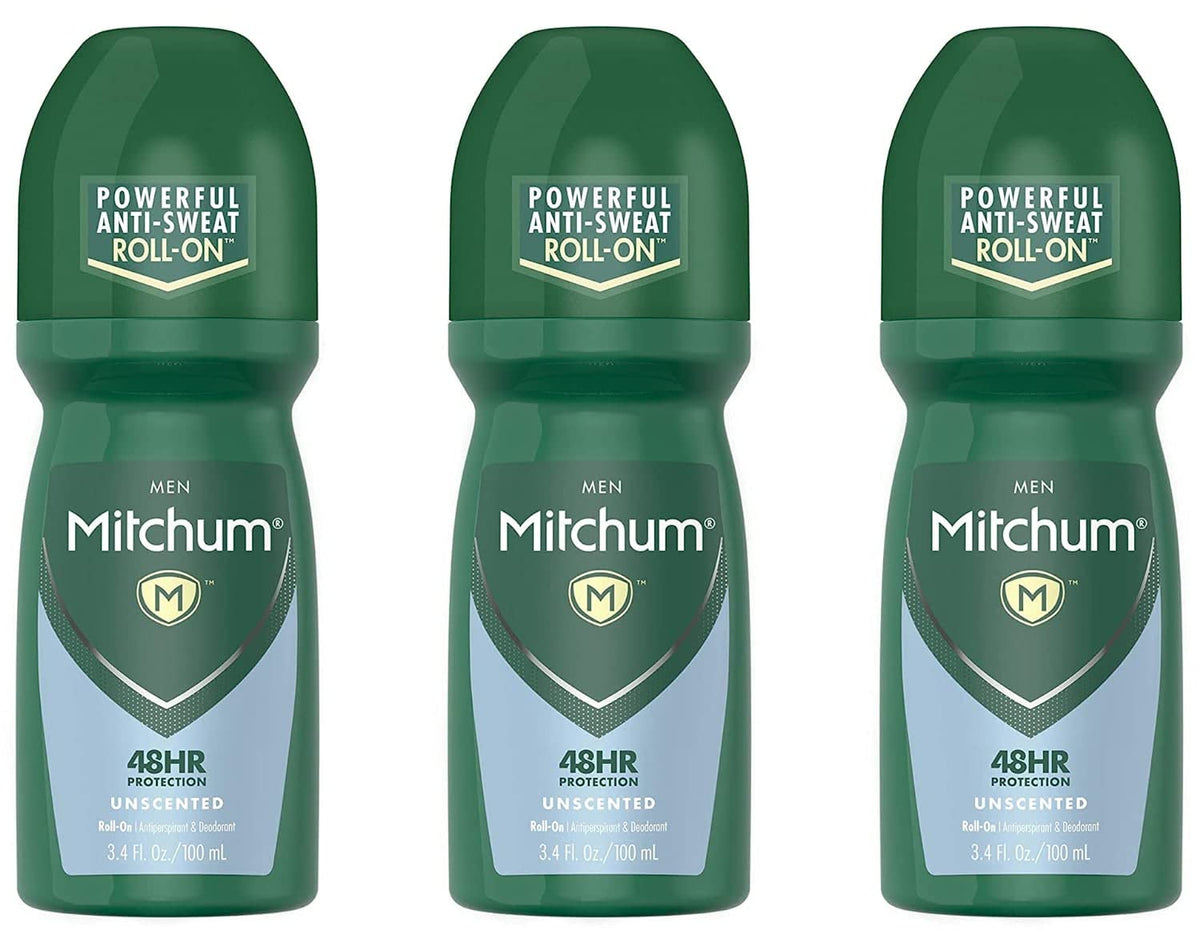 Mitchum Unscented Roll-On Antiperspirant & Deodorant For Men, 3.4 Fl Oz (Pack Of