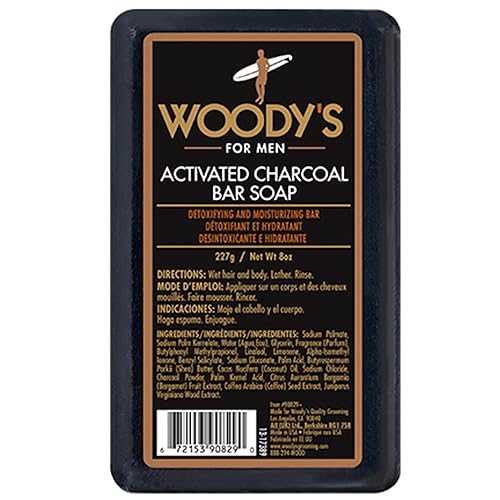 Woody'S Activated Charcoal Bar Soap For Men, Detoxifying Exfoliant With Coconut Oil & Coffee, 8 Oz