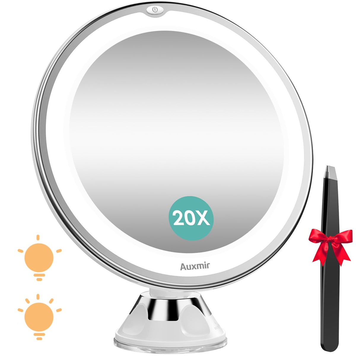 Auxmir 20X Magnifying Lighted Makeup Mirror, 2-Level Brightness, Portable With Suction Cup, White