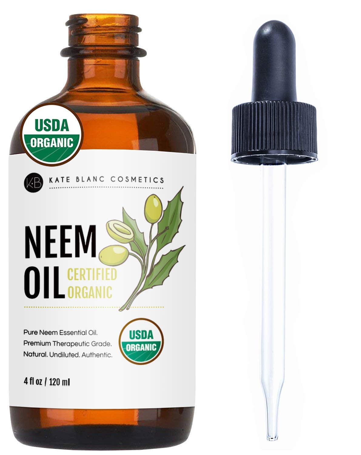 Kate Blanc Neem Oil for Skin, Hair & Face - Organic Cold Pressed, 4oz - Safe for Dogs & Plants