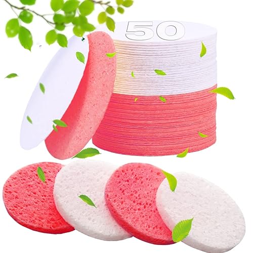 Metuuter 50-Count Natural Cellulose Facial Sponges - White+Pink For Cleansing & Makeup Removal