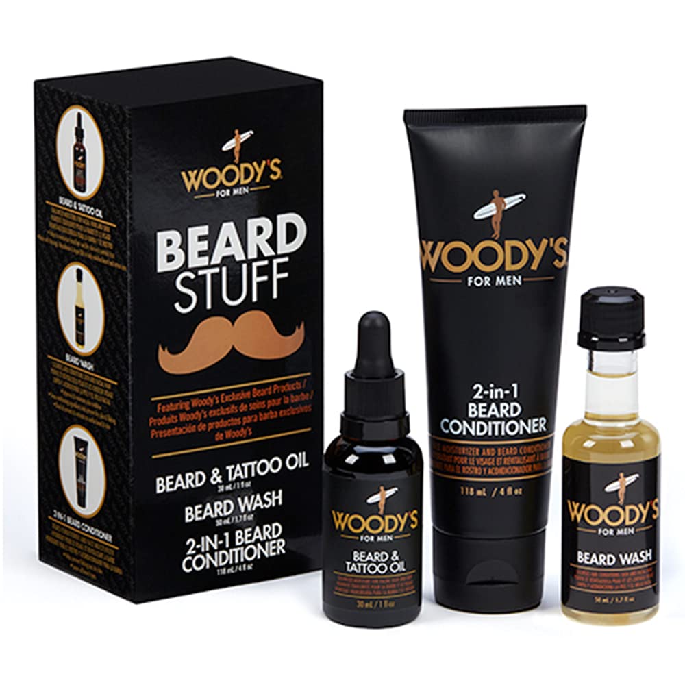 Woody'S Beard Stuff 3 Piece Kit - Beard & Tattoo Oil, Wash, 2-In-1 Conditioner