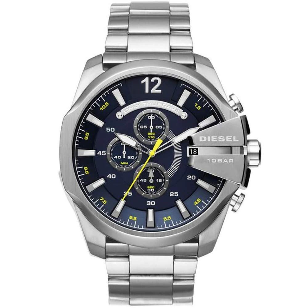 Diesel Mega Chief Men'S Watch Dz4465 - Silver Stainless Steel Chronograph, Blue/Yellow Accents