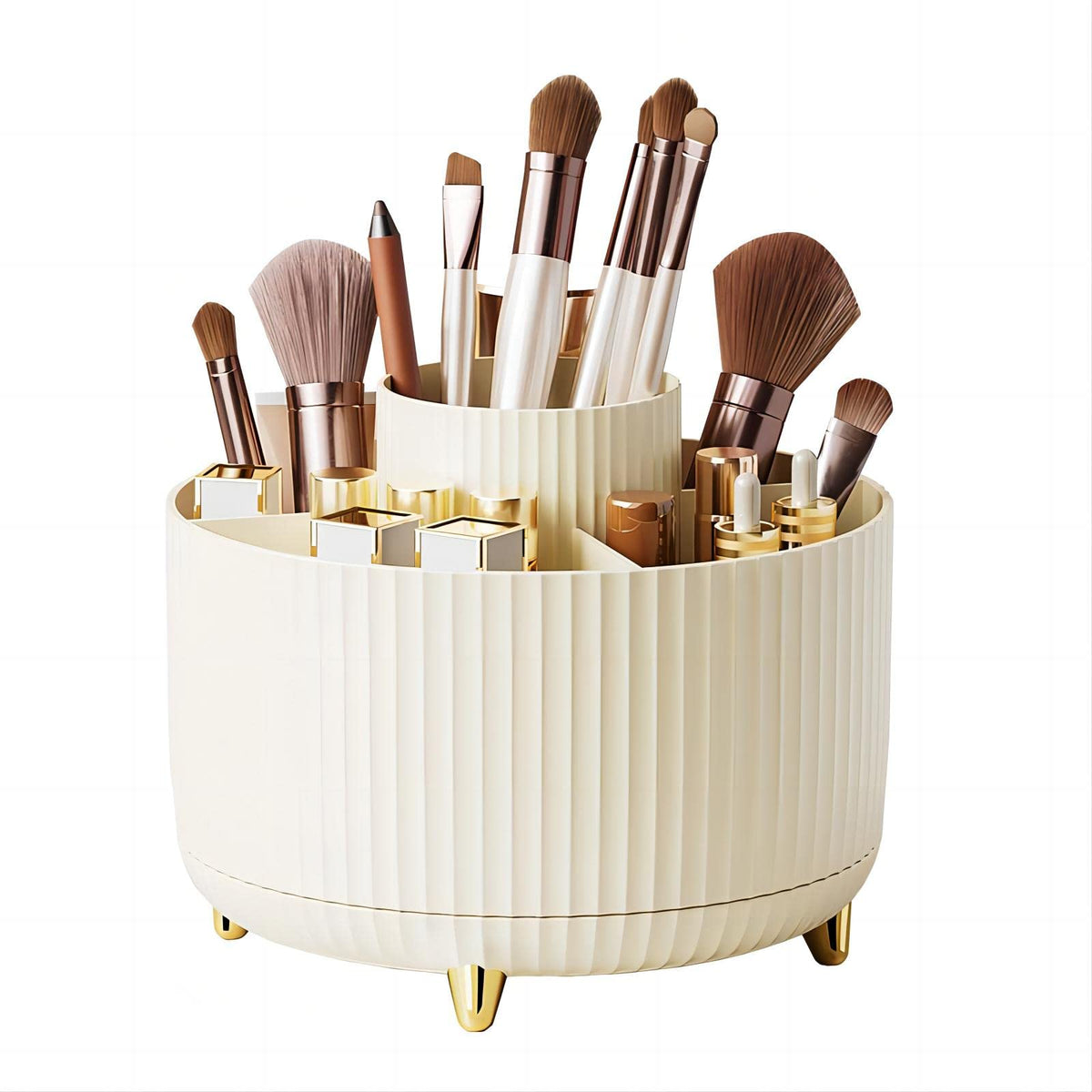 Dasiton 360° Rotating Large Capacity Makeup Brush Holder, Cream, 5 Slot Organizer For Vanity