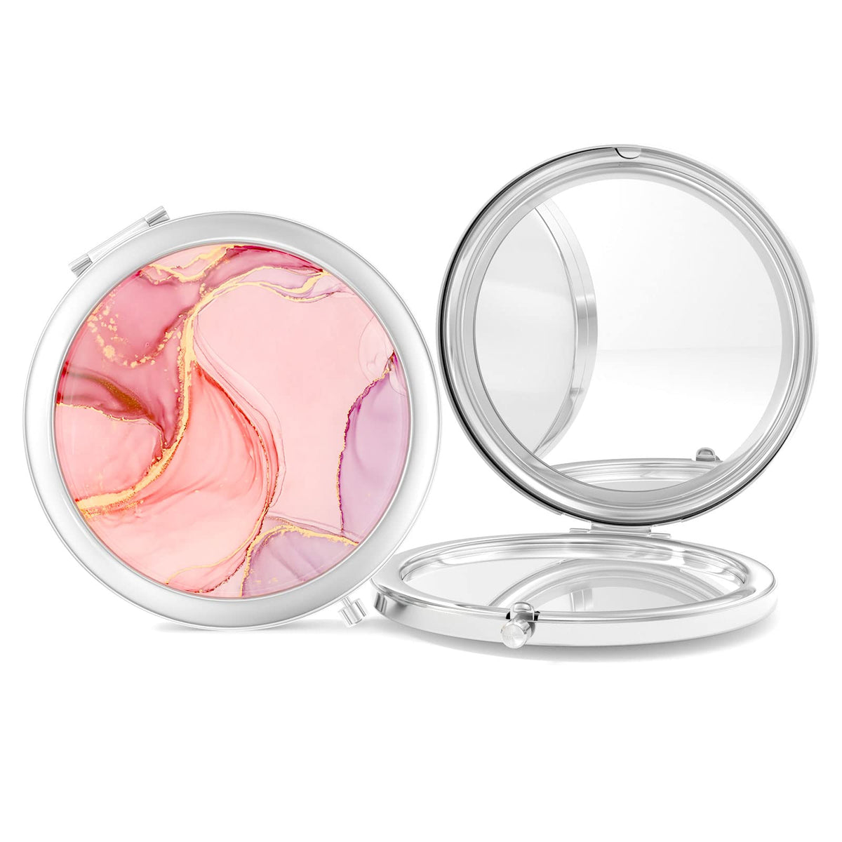 Nipichsha Pink Marble Compact Mirror - 2-Sided 2X/1X Magnification, Portable Makeup Mirror