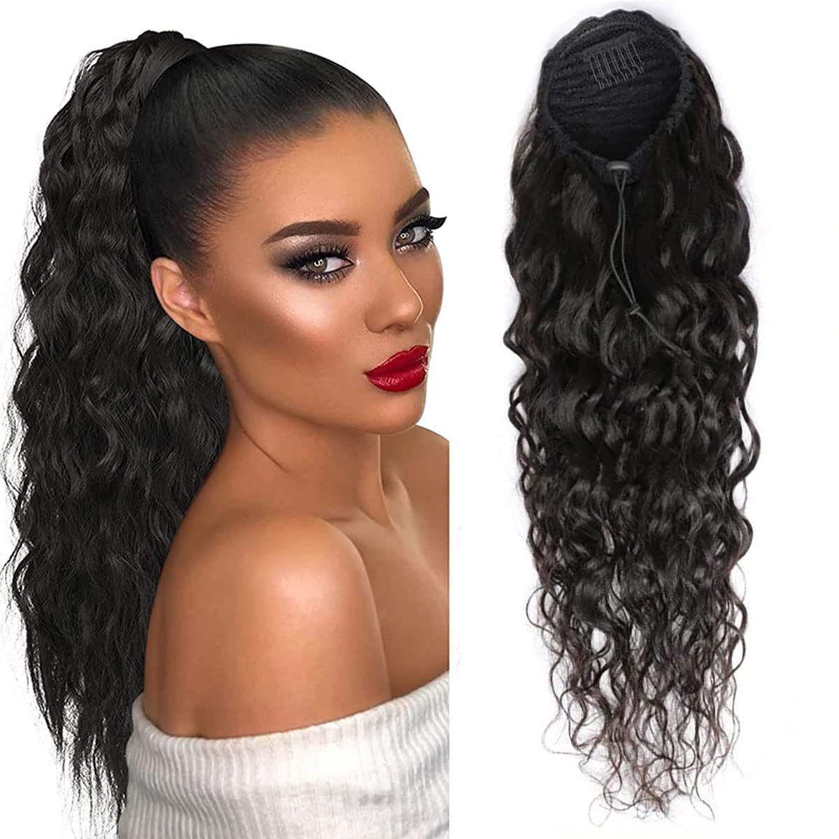 Ladyrite 18&quot; Water Wave Drawstring Ponytail Extensions - 100% Human Hair, Natural Black