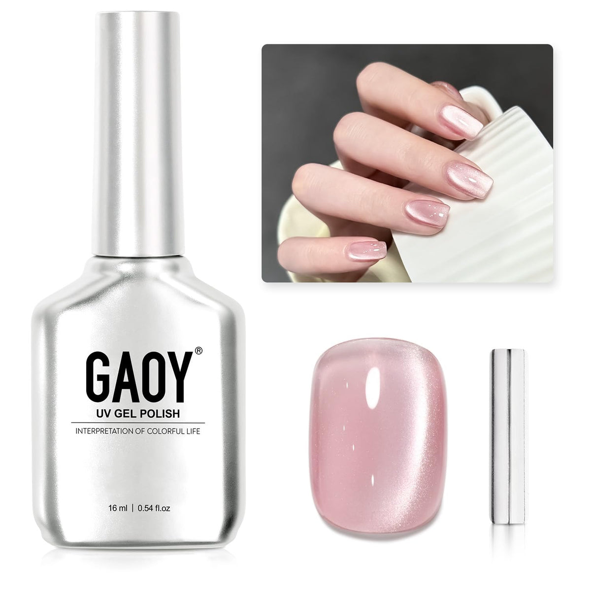 Gaoy Pink Glassy Cat Eye Gel Nail Polish, 16Ml Holographic Reflective Uv Gel - Light Rose