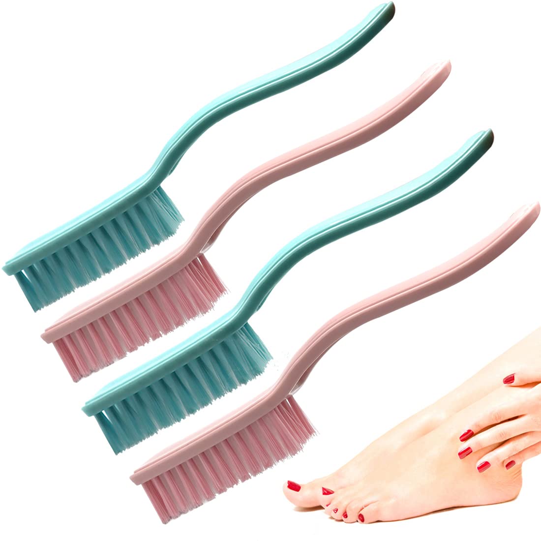 Xjinmin 4 Pcs Nail Brush Foot Scrubber Set - Curved Handle, Multi-Color For Cleaning Toes & Feet