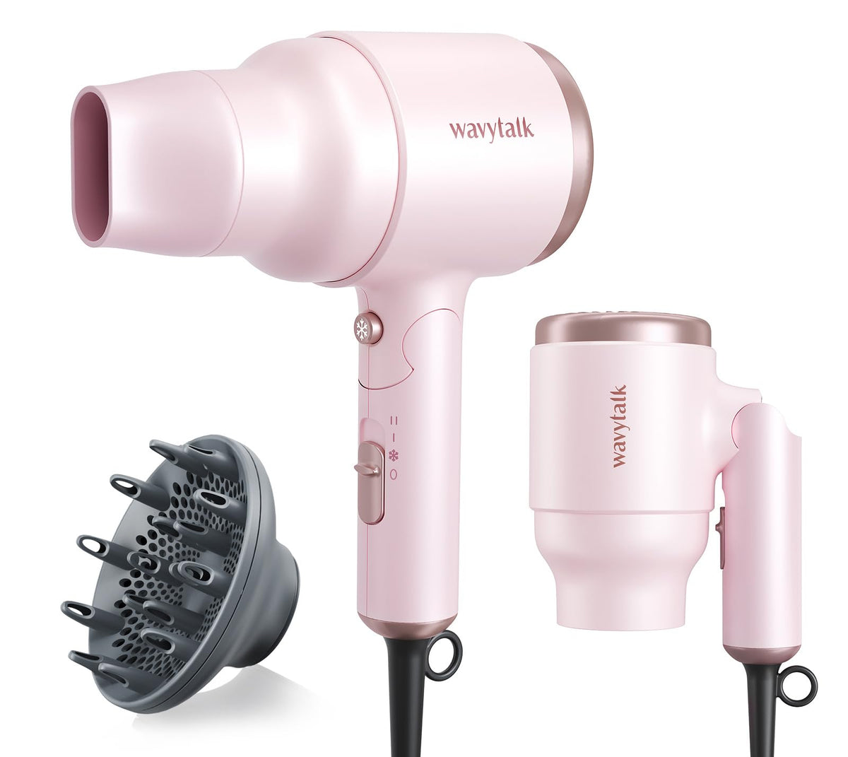 Wavytalk 1600W Mini Blow Dryer With Diffuser, Lightweight Folding Handle, Pinky White