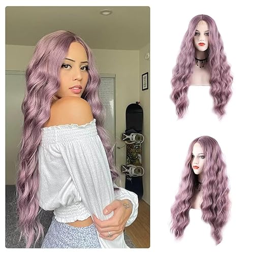 WECAN 28&quot; Purple Wavy Synthetic Wig for Women - Heat Resistant Cosplay & Party Wear