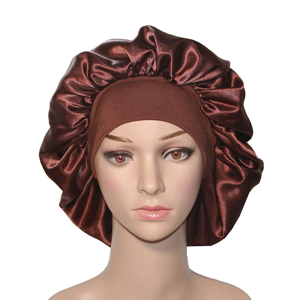 Veyrneic Brown Satin Bonnet For Sleeping & Shower, Wide Elastic Band, One Size, Chemo Cap