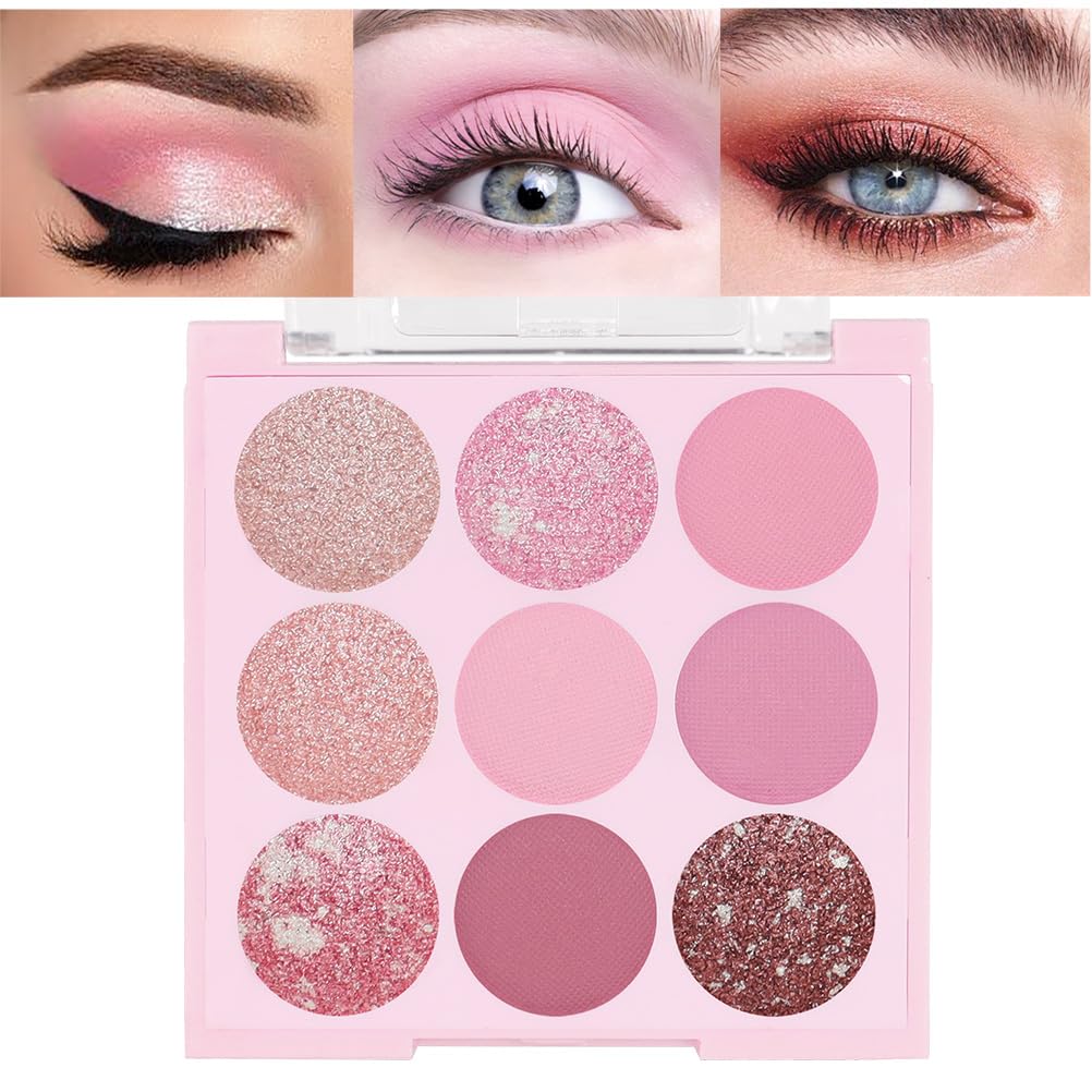 Guantian 9 Colors Pink Shimmer Eyeshadow Palette - Highly Pigmented, Waterproof Glitter Makeup