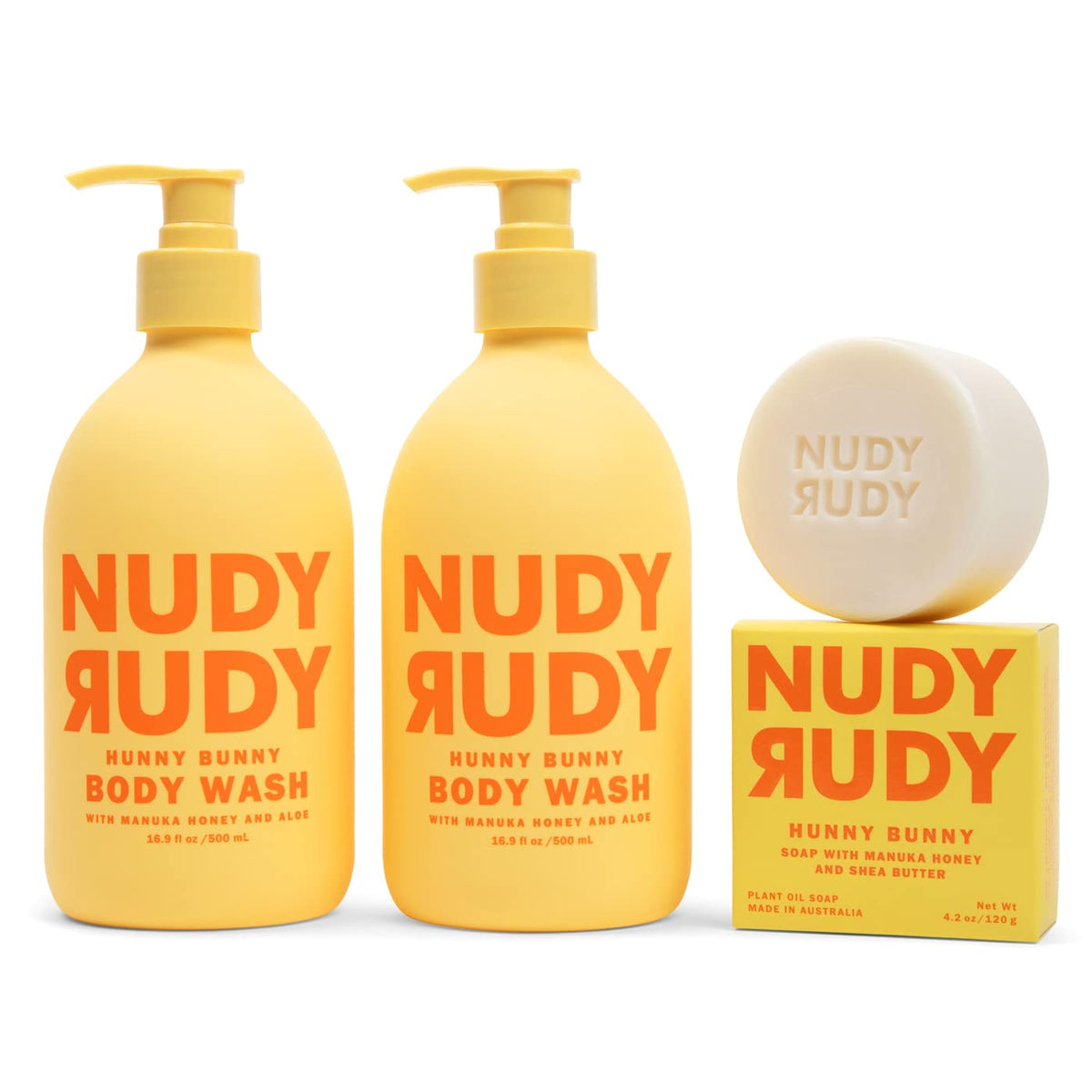 Nudy Rudy Hunny Bunny Body Wash Bundle - 2 Pack Aloe Vera Shower Gel & Soap Bar - 16.9 Fl Oz