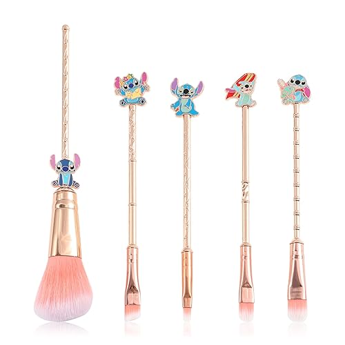 WeChip Anime Stich Makeup Brushes Set - 5 Pink Synthetic Fiber Brushes for Girls & Women