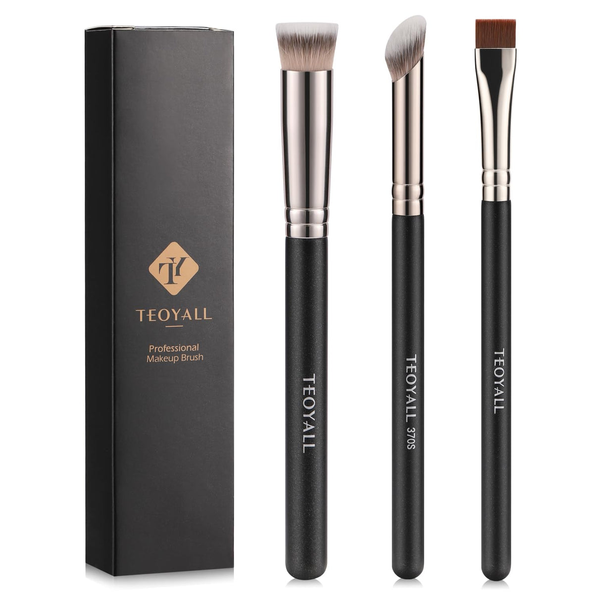 Teoyall Concealer Brush Set - Flat Top, Angled Nose, Ultra-Thin Eyeliner & Eyebrow Brush, Black