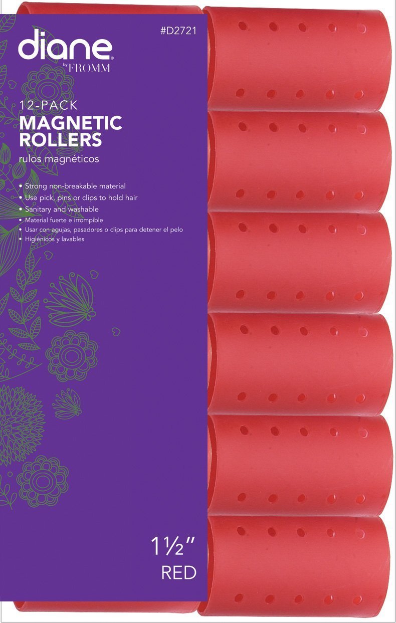 Diane 1.5 Inch Magnetic Hair Rollers, Red, Pack of 12 - Plastic Styling Tools