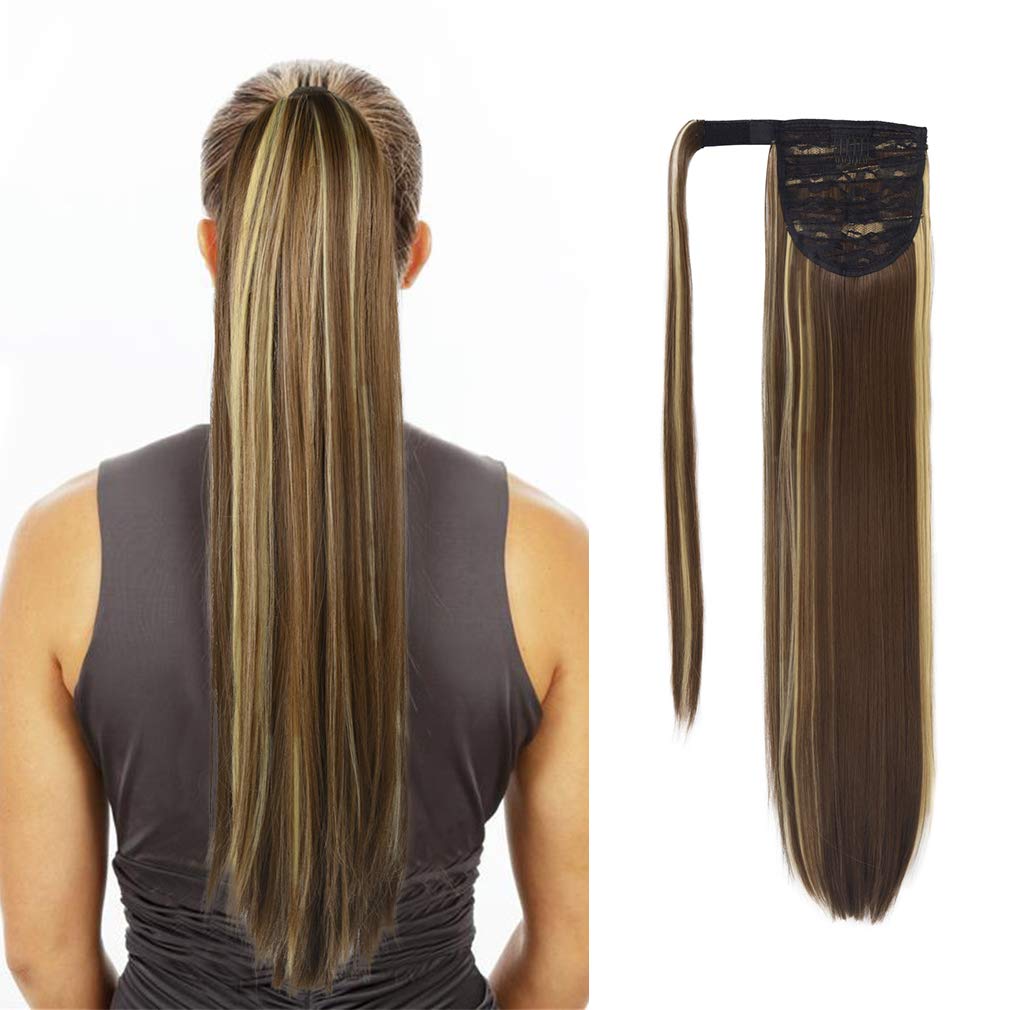 Seikea 28&quot; Clip In Ponytail Extension, Straight Synthetic Hair, Brown/Ash Blonde Mix