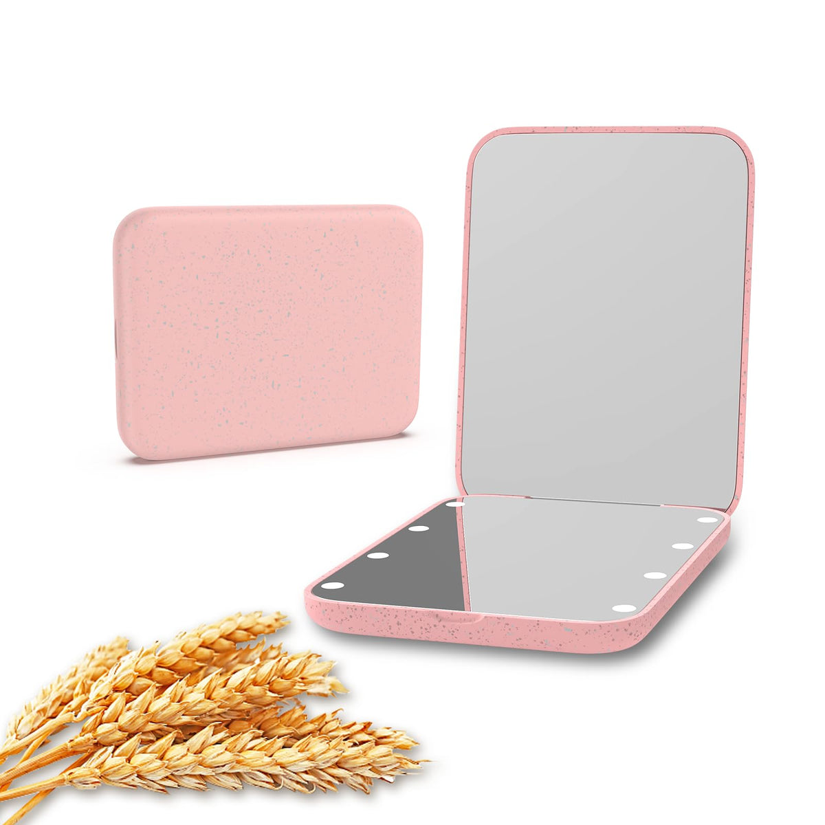 Kintion Lighted Wheat Straw Pocket Mirror - 1X/3X Magnification, Compact Travel Mirror, Pink