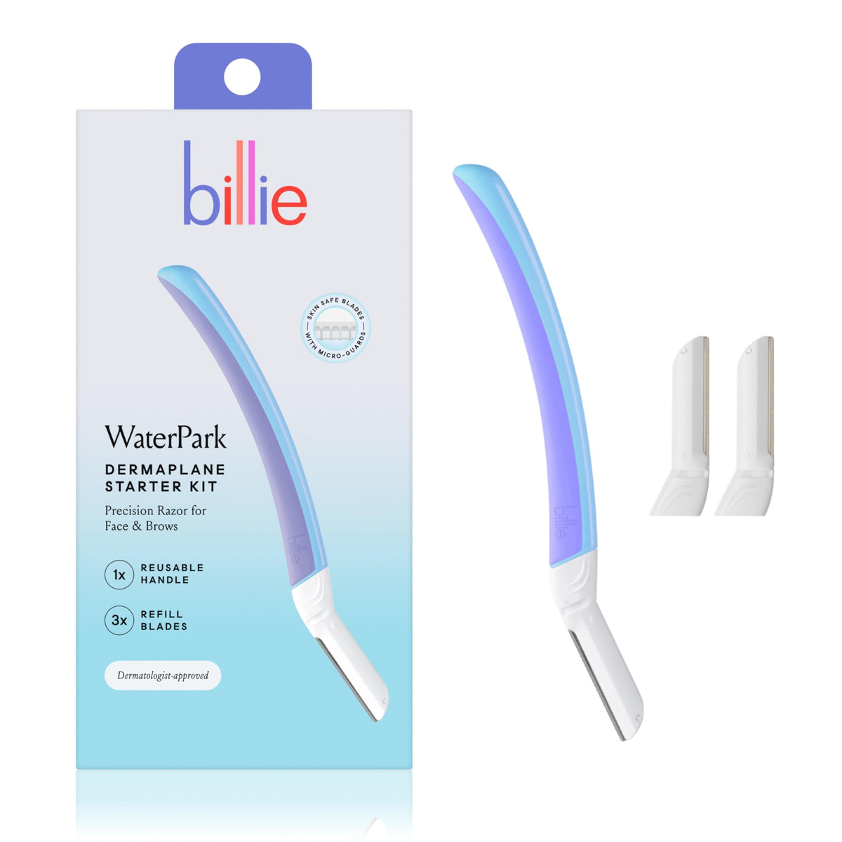 Billie Dermaplane Starter Kit - Reusable Handle, 3 Blades, Dermatologist-Approved, Waterpark