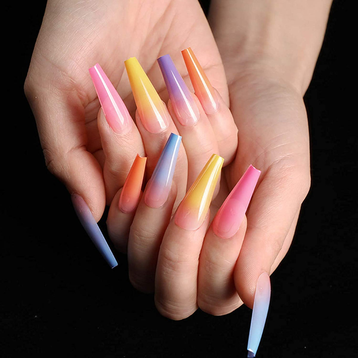 IMSOHOT 24Pcs Long Ombre Coffin Press on Nails - Rainbow French Acrylic Stick on Nails