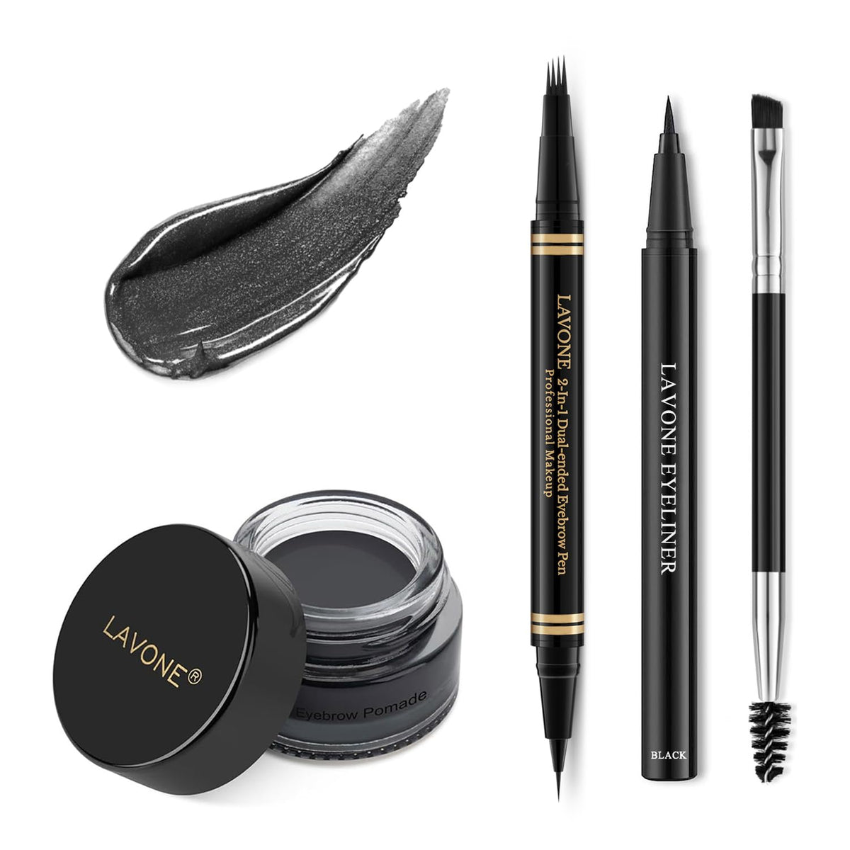 Lavone Eyebrow Pen Makeup Kit - Waterproof Microblading Pencil, Pomade & Brush - Black