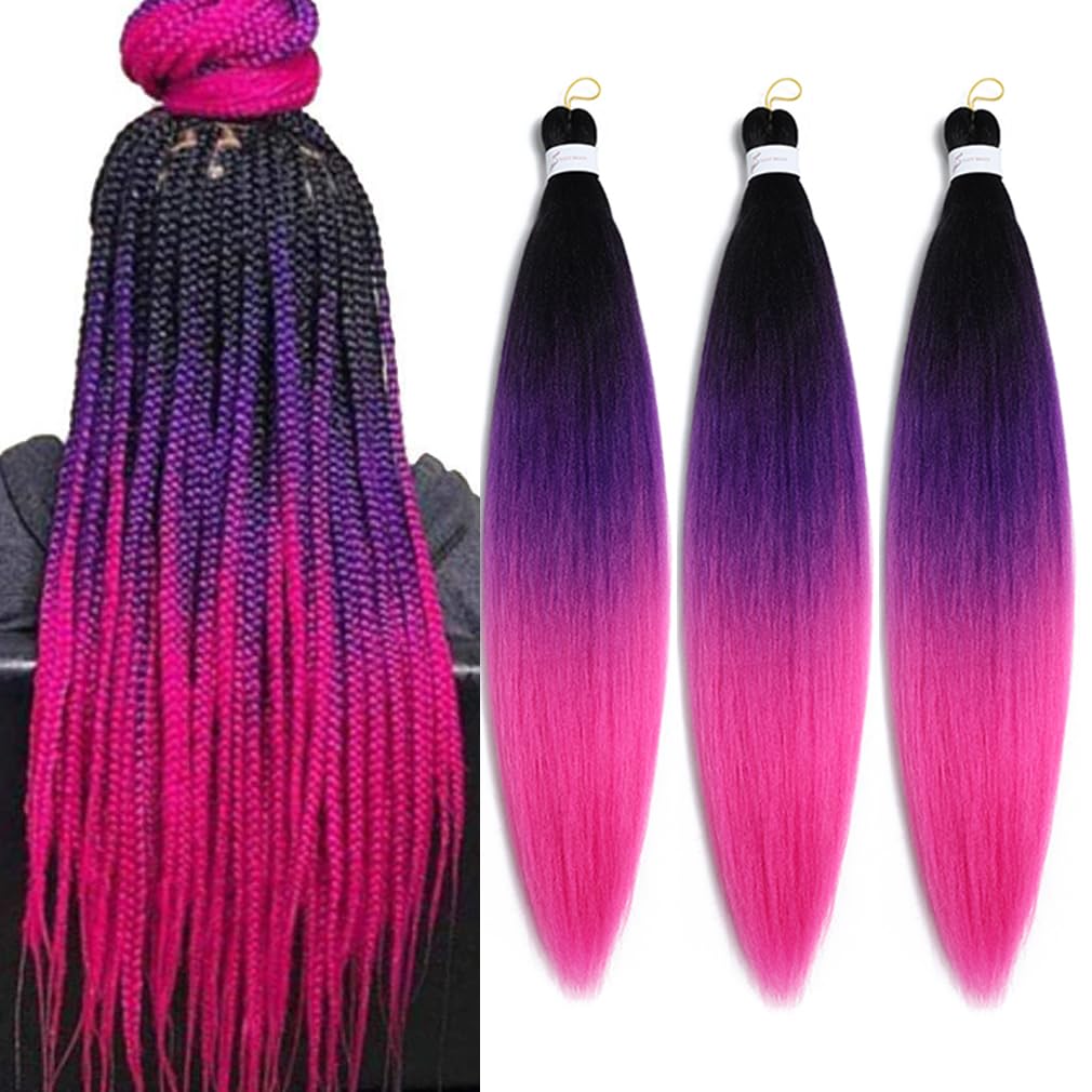 Yuccaha 30&quot; Pre Stretched Braiding Hair Extensions - Black-Purple-Rose Red, 3 Packs Synthetic Fiber