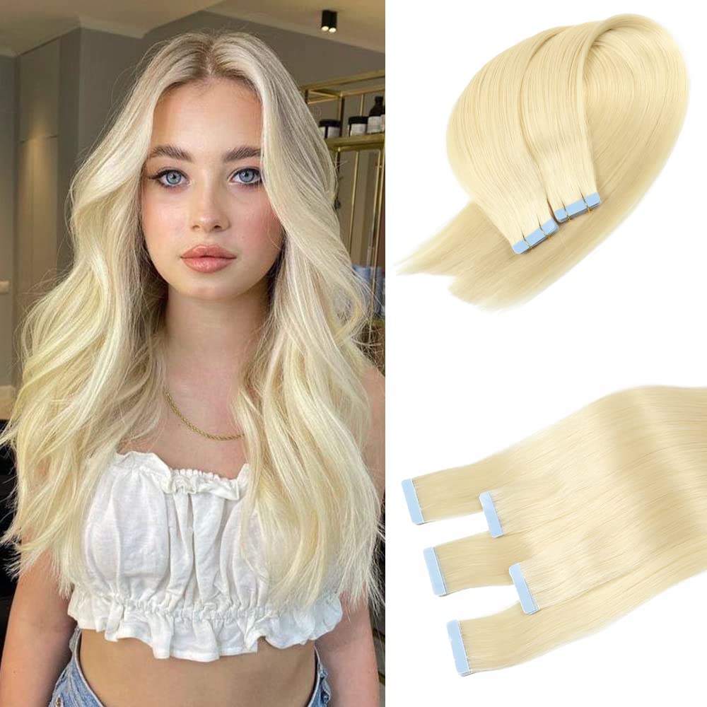 Bqhriym Tape In Hair Extensions 22&quot; #60 Platinum Blonde Real Human Hair Double Weft Seamless