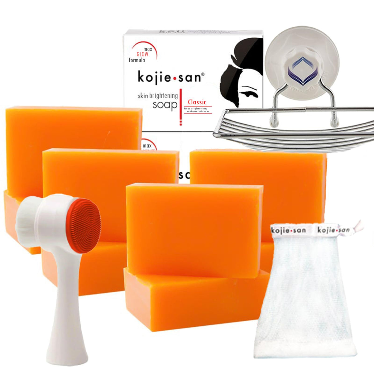 Kojie San Kojic Acid Soap Set - 8 Bars Dark Spot Remover With Coconut & Tea Tree Oil, Soap Net & Brush