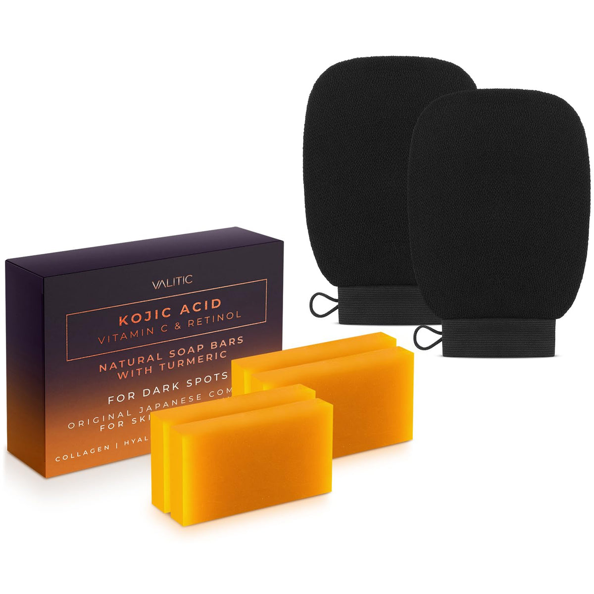 Valitic Kojic Acid & Vitamin C Soap Bars With Exfoliating Gloves - Dark Spot Treatment, 4 Pack