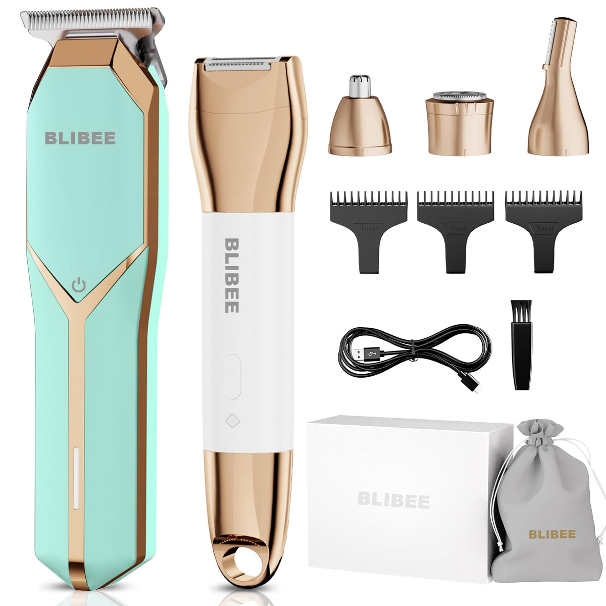 Blibee Waterproof Hair Clippers & Bikini Trimmer Set - 4 In 1 Electric Body Shaver, Green