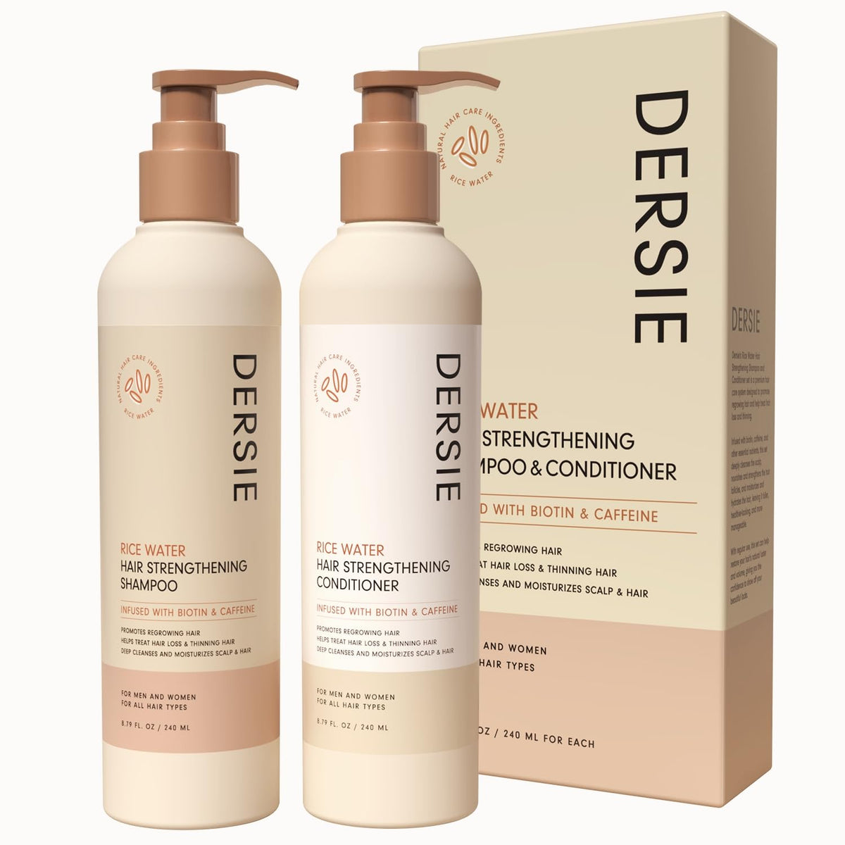 Dersie Rice Water Shampoo & Conditioner, Biotin & Caffeine For Hair Growth, 17.58 Fl Oz