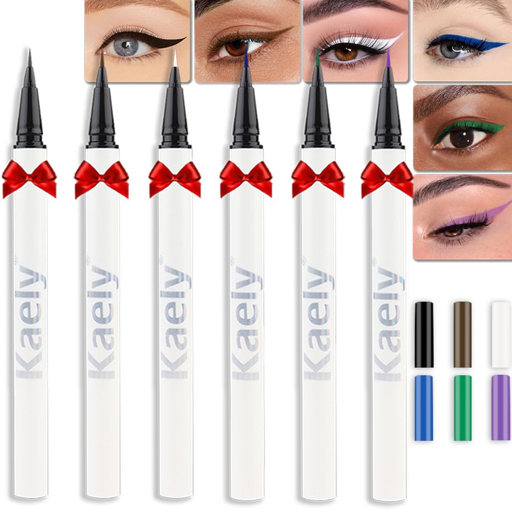 Kaely 6 Color Waterproof Liquid Eyeliner Set - Matte Black, Brown, White, Blue, Green, Purple